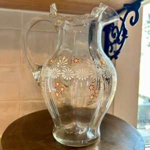 Antique Victorian Hand Blown Ruffle glass daisy enamel hand painted pitcher